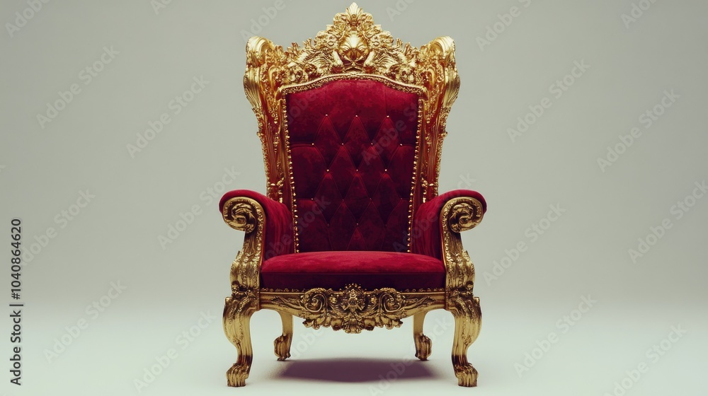 A majestic golden throne featuring ornate baroque details and plush red velvet, dramatically displayed on a stark white background