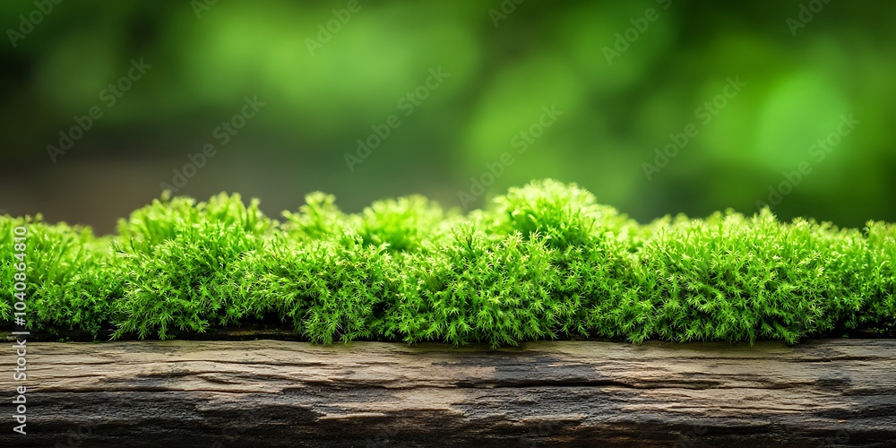 A serene macro view of bright green moss spreading over a rough wooden surface, illuminated by soft light that enhances the details of both materials, area for text A serene macro view of bright green moss spreading over a rough wooden surface, illuminated by soft light that enhances the details of both materials, area for text