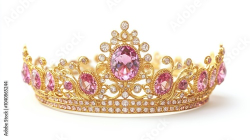 A regal golden crown adorned with sparkling pink diamonds and exquisite filigree, dramatically showcased against a bright white background