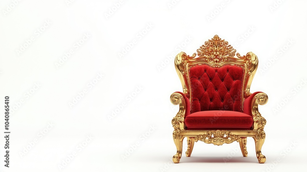 A regal golden throne adorned with intricate baroque detailing and plush red velvet upholstery, dramatically isolated against a stark white background A regal golden throne adorned with intricate baroque detailing and plush red velvet upholstery, dramatically isolated against a stark white background