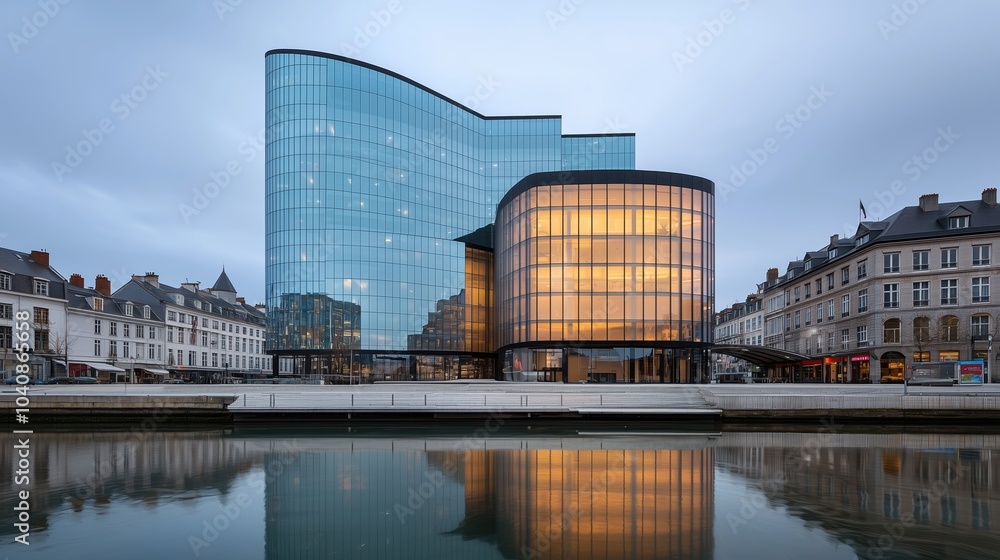 Large glass building with a curved roof sits on a river bank. The building is surrounded by a large body of water and a bridge. The sky is cloudy and the water is calm Large glass building with a curved roof sits on a river bank. The building is surrounded by a large body of water and a bridge. The sky is cloudy and the water is calm