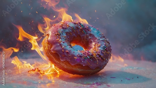 Wallpaper Mural Pink Icing Donut with Rainbow Sprinkles Surrounded by Flames on Reflective Surface Torontodigital.ca