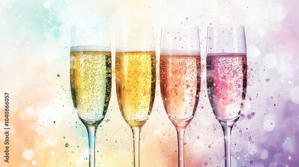 A stunning arrangement of elegant champagne flutes, showcasing delicate watercolor splashes in pastel hues, with bubbles floating through translucent liquid, celebrating a festive atmosphere A stunning arrangement of elegant champagne flutes, showcasing delicate watercolor splashes in pastel hues, with bubbles floating through translucent liquid, celebrating a festive atmosphere