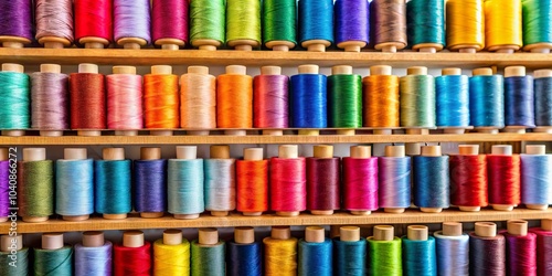 A symphony of color arranged on wooden shelves, each spool of thread a vibrant note in the creative melody.