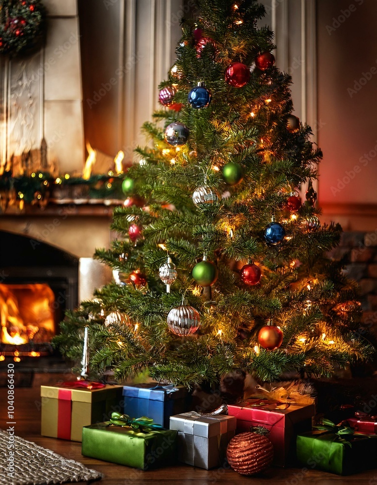 A warm fireplace can be seen behind the colorfully decorated Christmas tree. A warm fireplace can be seen behind the colorfully decorated Christmas tree.