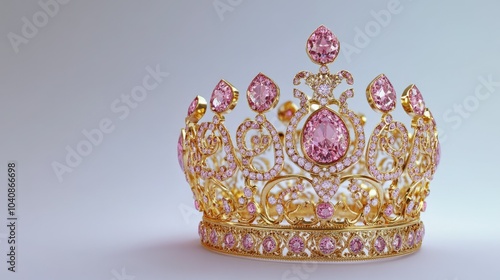 A stunning opulent golden crown adorned with pink diamonds and intricate filigree details, dramatically isolated on a pristine white backdrop