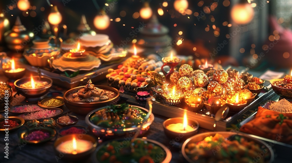 Festive Table Setting with Burning Candles and Traditional Treats Festive Table Setting with Burning Candles and Traditional Treats
