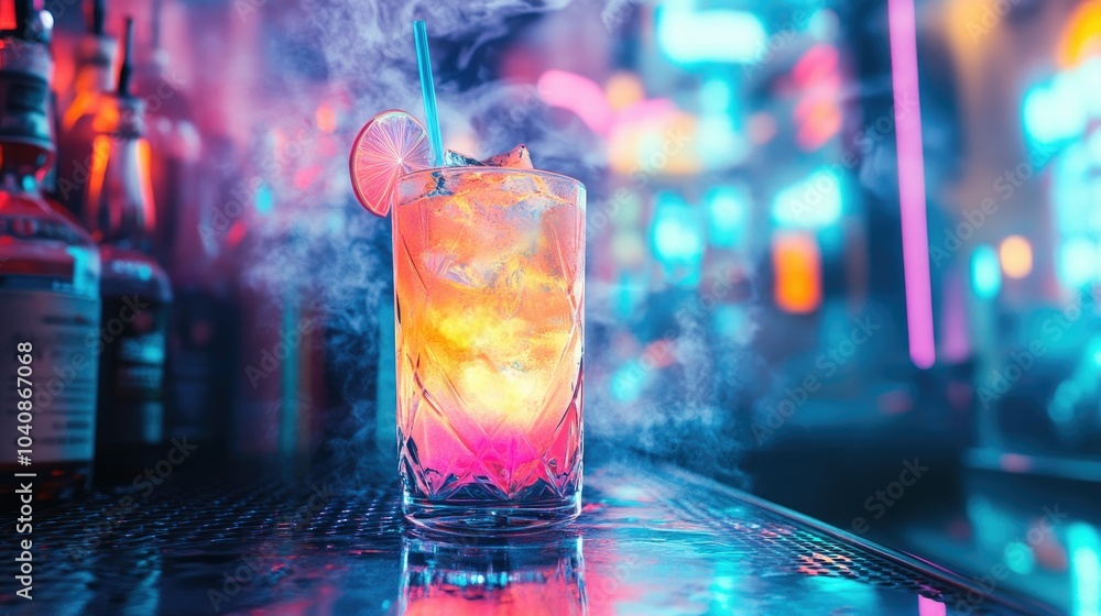 A vibrant neon-lit cocktail sitting on a futuristic bar, glowing with vivid colors, surrounded by smoke tendrils and cyberpunk aesthetics with holographic elements A vibrant neon-lit cocktail sitting on a futuristic bar, glowing with vivid colors, surrounded by smoke tendrils and cyberpunk aesthetics with holographic elements