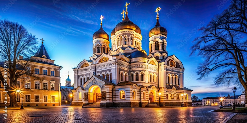 Fototapeta premium Night view of the iconic Alexander Nevsky Cathedral in Tallinn, Estonia , Alexander Nevsky Cathedral, Tallinn