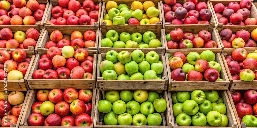 A vibrant display of red and green apples nestled in wooden crates, a visual symphony of nature's bounty. A vibrant display of red and green apples nestled in wooden crates, a visual symphony of nature's bounty.