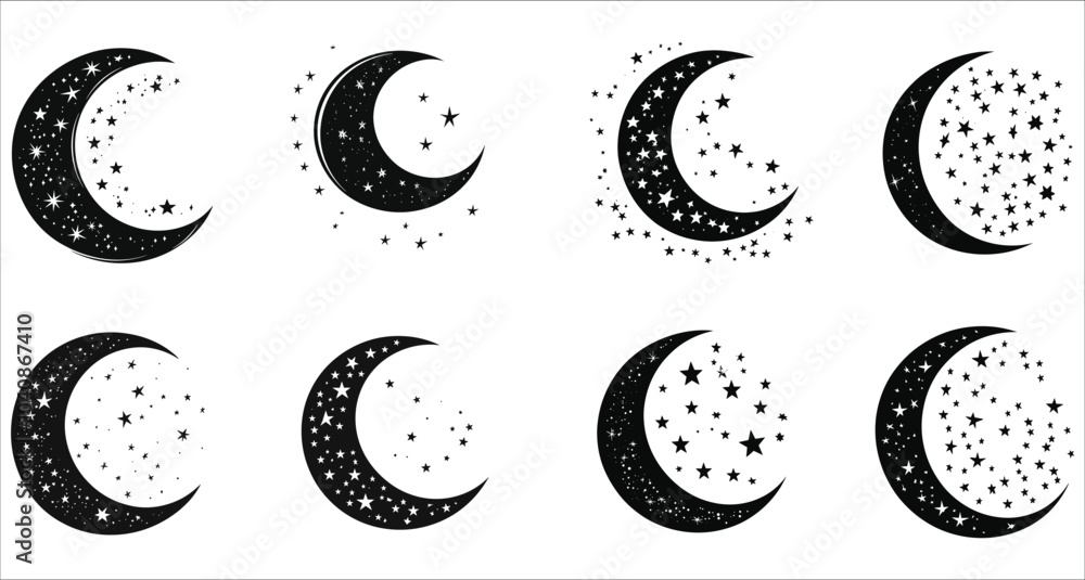 Fototapeta premium Silhouettes of crescent moon and stars vector. Moon with star icon vector set. Islamic moon and stars silhouettes. Ramadan Kareem Islamic silhouettes. Black silhouettes of crescent moon and stars