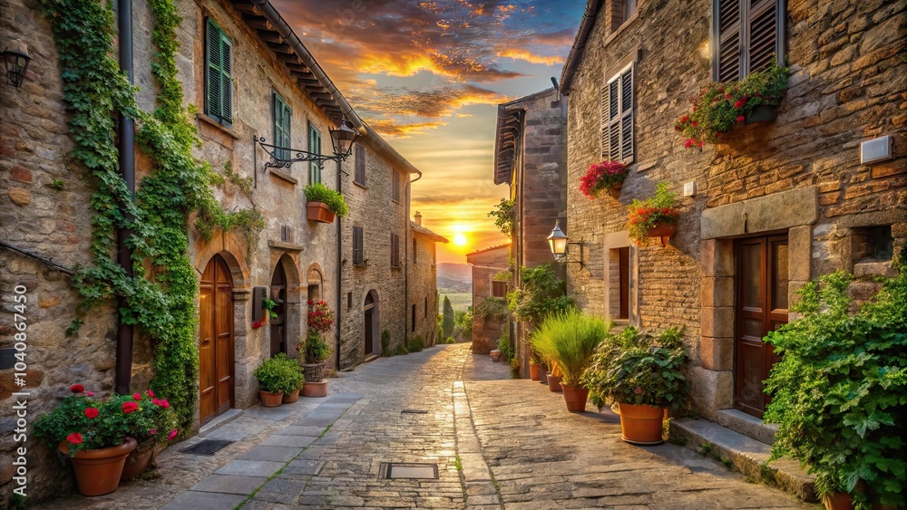 Fototapeta premium Beautiful street in a small medieval village in Tuscany at sunset , Tuscany, Italy, Europe, medieval, village