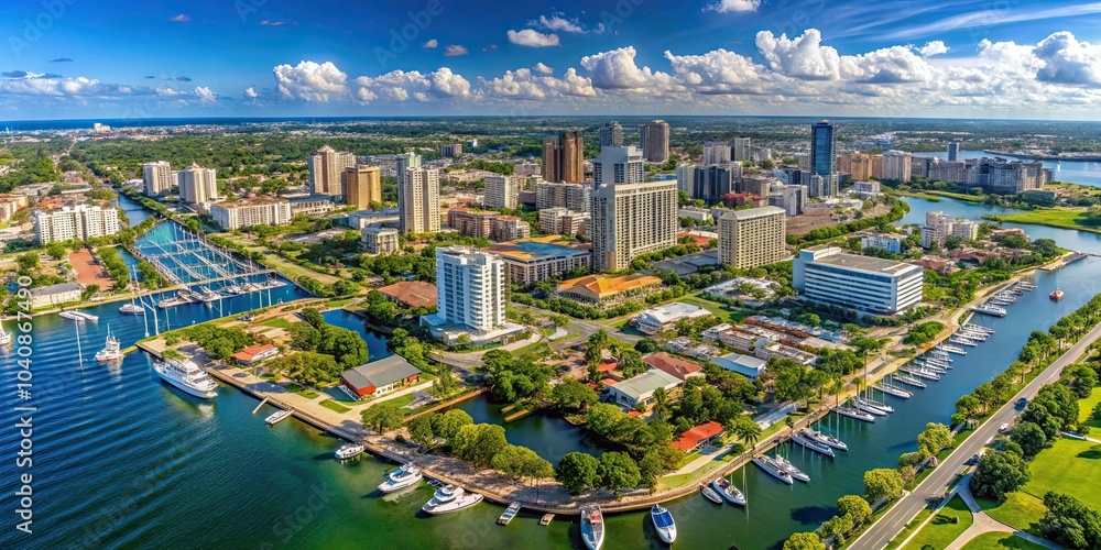 Fototapeta premium Panoramic aerial view of St Petersburg, Florida cityscape, St Petersburg, Florida, aerial view, cityscape, skyline