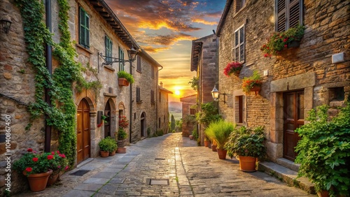 Beautiful street in a small medieval village in Tuscany at sunset , Tuscany, Italy, Europe, medieval, village