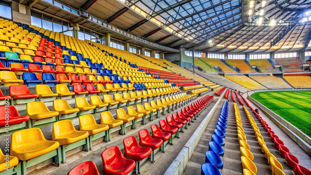 Fototapeta premium Seats in the stands of a soccer stadium in Bucharest , Steaua, Bucharest, stadium, seats, rows, empty, sports