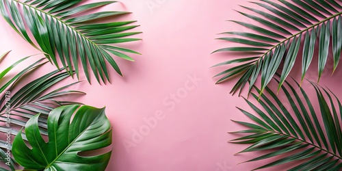 Tropical Leaf Arrangement on a Pastel Pink Background