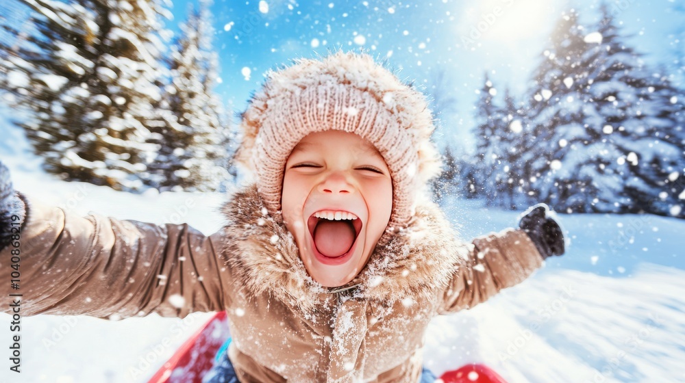Little boy in funny fake fur hat sliding fast on his sled. Little boy in funny fake fur hat sliding fast on his sled.
