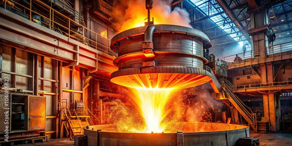 Powerful red-hot graphite electrodes in an electric arc steelmaking furnace, electric arc, steelmaking Powerful red-hot graphite electrodes in an electric arc steelmaking furnace, electric arc, steelmaking