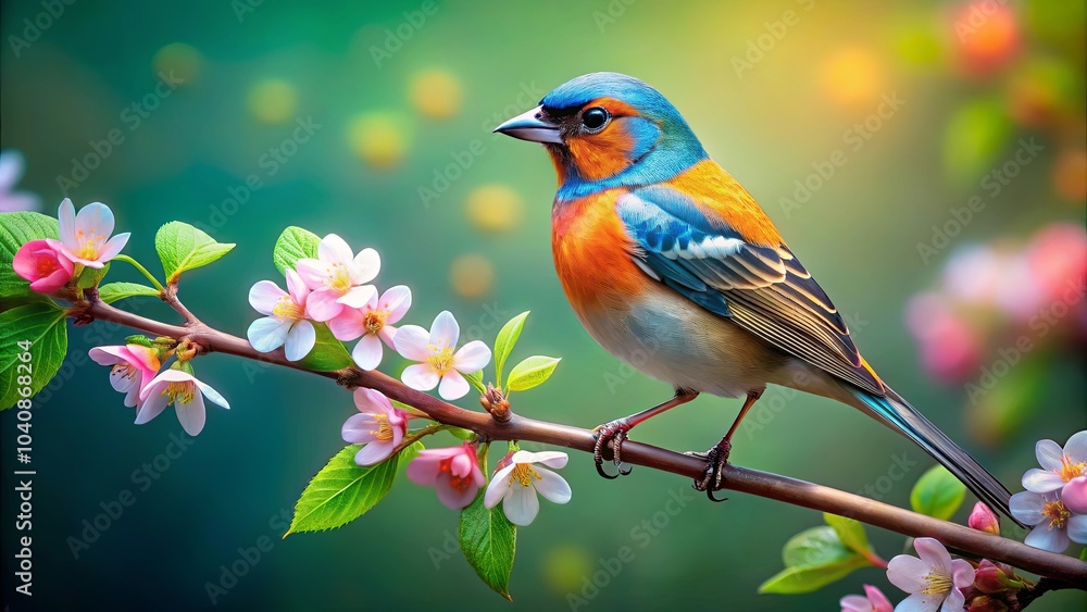 A Vibrant Songbird Perched on a Branch Adorned with Delicate Pink Blossoms, Capturing the Essence of Spring's Arrival A Vibrant Songbird Perched on a Branch Adorned with Delicate Pink Blossoms, Capturing the Essence of Spring's Arrival