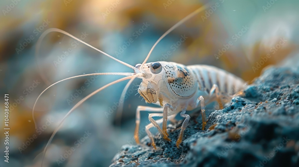 A close-up photograph of a small white crab with orange legs and antennae crawling over some green a A close-up photograph of a small white crab with orange legs and antennae crawling over some green a