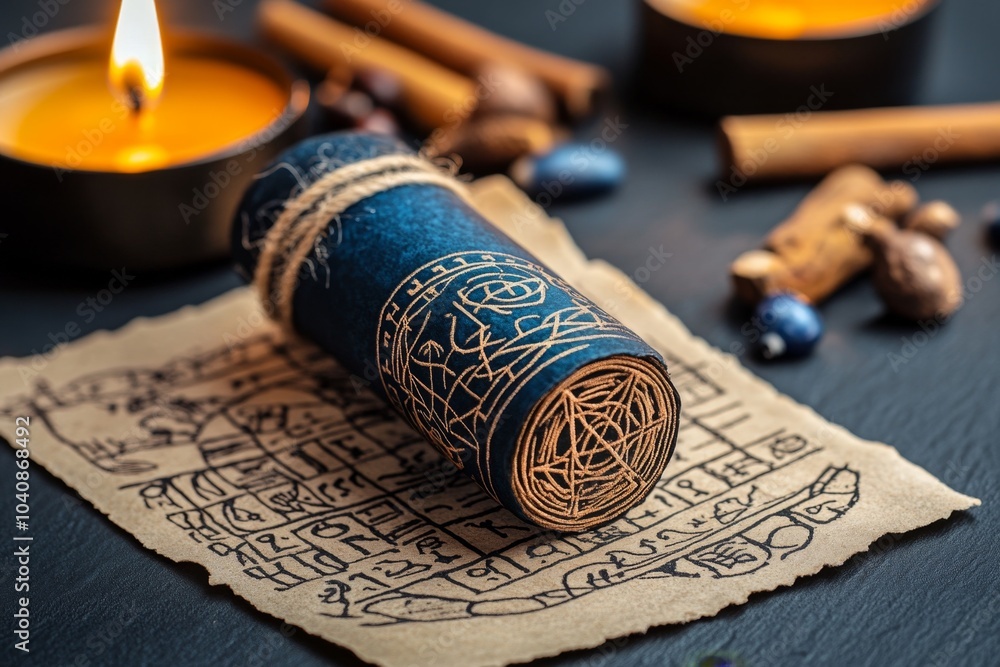 Old parchment with intricate alchemical symbols and drawings, illuminated by a single candle, representing the mystery of ancient knowledge Old parchment with intricate alchemical symbols and drawings, illuminated by a single candle, representing the mystery of ancient knowledge
