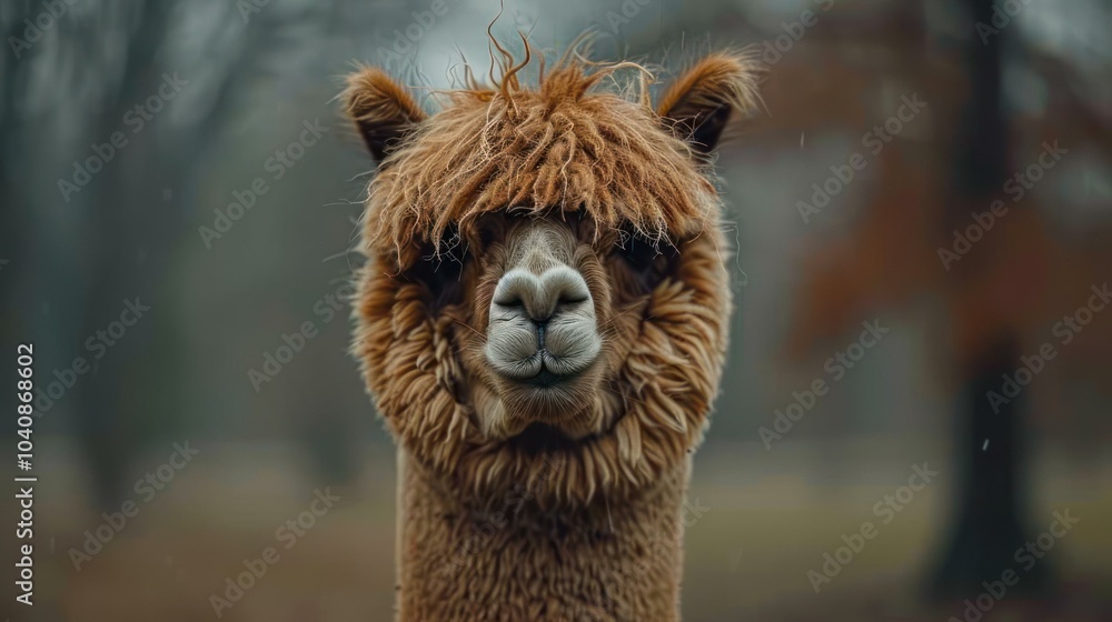 Obraz premium Fluffy alpaca with a happy face peeking out from behind tree branches.