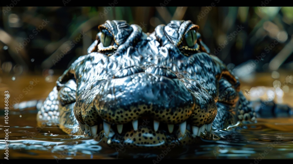 Fototapeta premium A close-up of a crocodile's face as it swims across water. The animal appears alert,