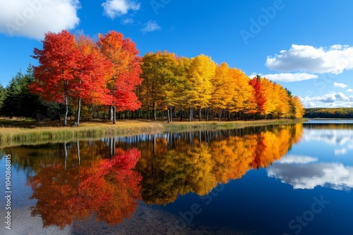 Panoramic view of autumn trees, their vibrant colors reflecting off a still lake, perfect for a scenic banner