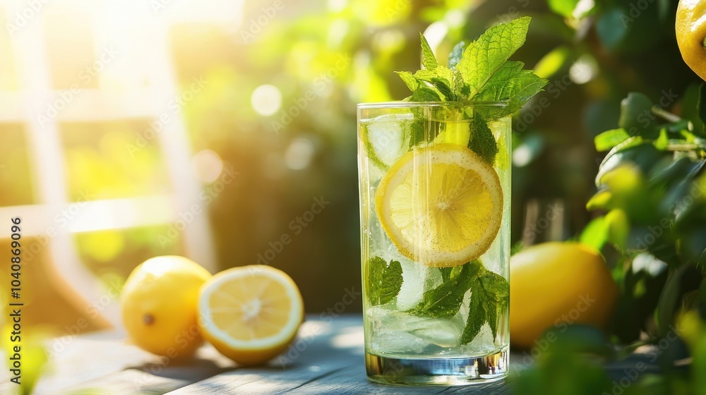 Refreshing lemonade with mint leaves and ice in a tall glass with lemons on the side. Refreshing lemonade with mint leaves and ice in a tall glass with lemons on the side.