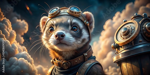 A Curious Ferret, Goggles Atop Its Head, Stands Before A Complex, Steampunk-Inspired Machine, Its Eyes Gazing Intently At The Unknown photo