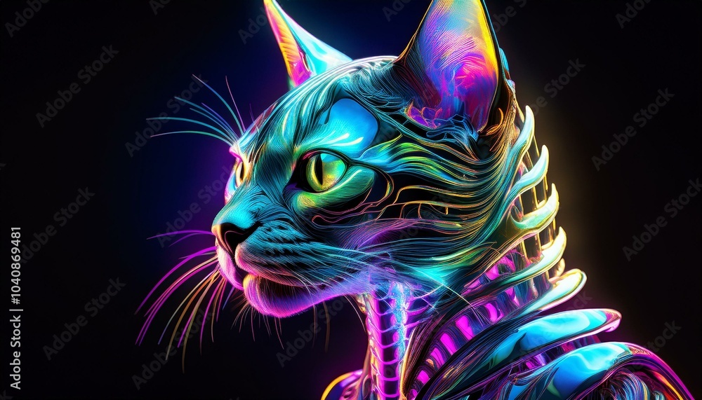Neon cyberpunk cat with glowing eyes and cybernetic enhancements, posing against a dark background. Neon cyberpunk cat with glowing eyes and cybernetic enhancements, posing against a dark background.