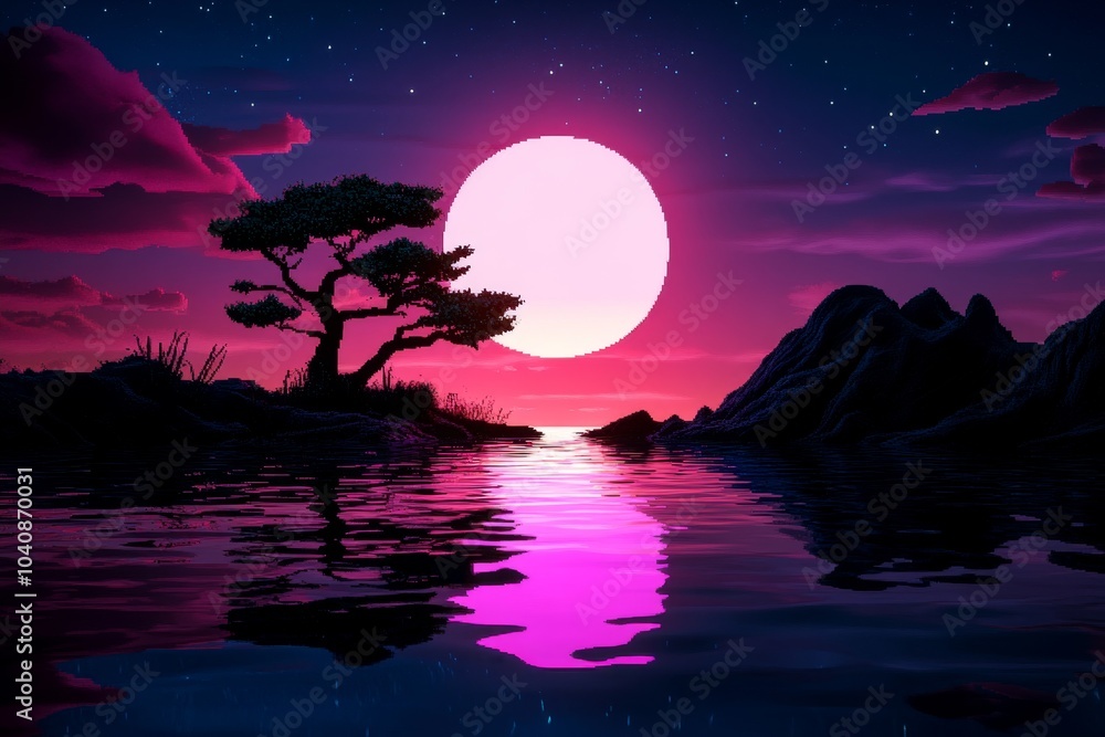 Pixel art of a pink landscape with a pixelated sun setting in a pastel sky, capturing a retro, 8-bit view of a serene moment in life Pixel art of a pink landscape with a pixelated sun setting in a pastel sky, capturing a retro, 8-bit view of a serene moment in life