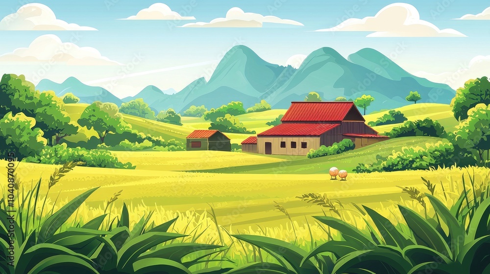 Rural Landscape with Farmhouses, Rolling Hills, and Blue Sky Rural Landscape with Farmhouses, Rolling Hills, and Blue Sky