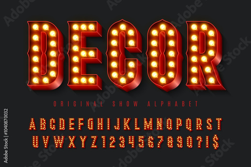 Retro circus alphabet design, cabaret, fairy LED lamps letters and numbers.