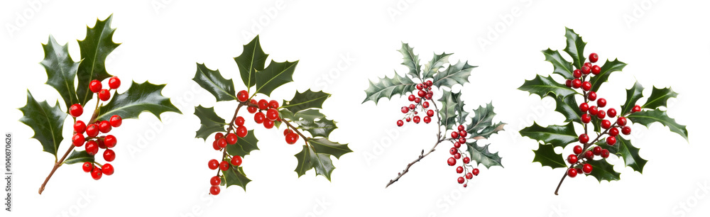 Close-up of holly branches with bright red berries and green leaves on a white background. Close-up of holly branches with bright red berries and green leaves on a white background.