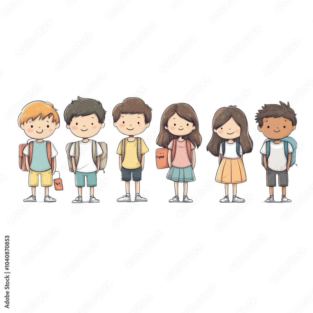 A group of students in a line, ready for recess, school activity element, hand-drawn style, simple and cute, isolated on white background A group of students in a line, ready for recess, school activity element, hand-drawn style, simple and cute, isolated on white background