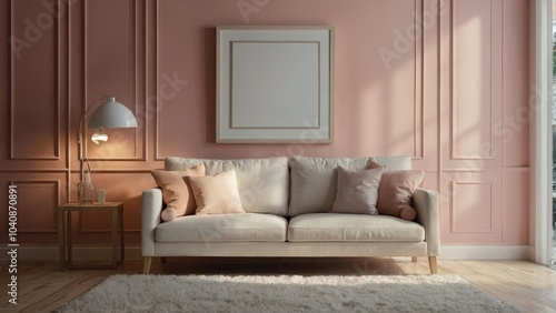 Elegant Living Room Interior with Stylish Sofa, Pink Wall Panels, and Modern Decor Elements