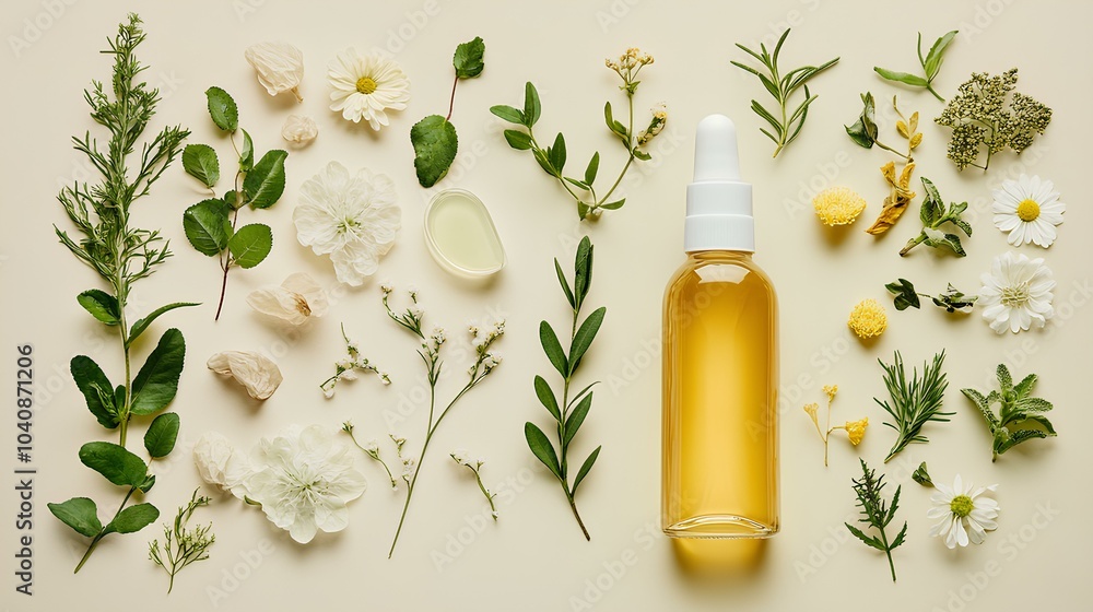 A serene arrangement of herbs, flowers, and a glass bottle of yellow oil, highlighting natural beauty and wellness. A serene arrangement of herbs, flowers, and a glass bottle of yellow oil, highlighting natural beauty and wellness.
