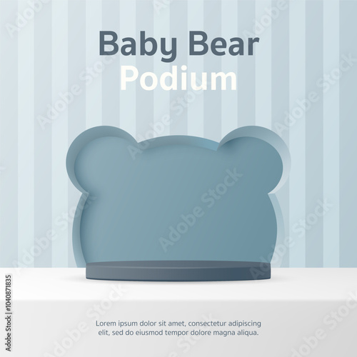 3D Vector Baby product display cylinder stand podium banner. Blue bear shape background for infant store, online shop, kid clothes toy, fashion discount promotion sale, social media post, website.