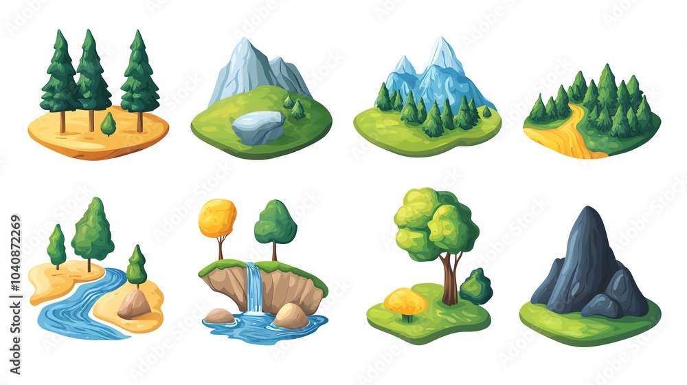 Various cartoon-style landscape elements including trees, mountains, and a river on a white isolate background.