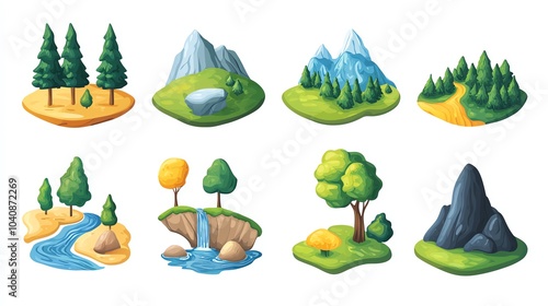 Obraz na płótnie Various cartoon-style landscape elements including trees, mountains, and a river on a white isolate background. w salonie