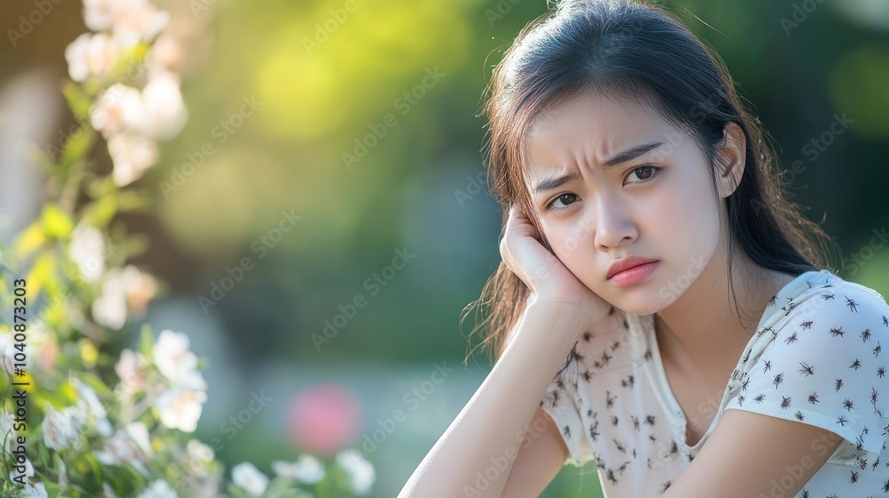 Sad young woman with black hair and white shirt looks down with a sad expression, sitting in a park with flowers. Sad young woman with black hair and white shirt looks down with a sad expression, sitting in a park with flowers.