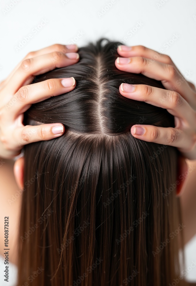Photorealistic Top View of Scalp and Hair Parting: Dark Brown Strands with Visible Roots for Trichology and Hair Care Insights Photorealistic Top View of Scalp and Hair Parting: Dark Brown Strands with Visible Roots for Trichology and Hair Care Insights