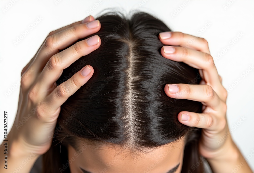 Naklejka premium High-Detail Macro Shot of Dark Brown Hair Parting: Capturing the Essence of Scalp Health and Hair Care Techniques