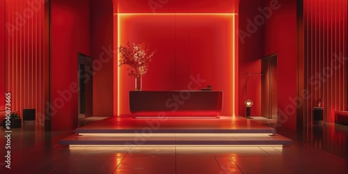 Minimalist Red Hotel Lobby Interior Design with Sleek Reception Desk and Warm Lighting.