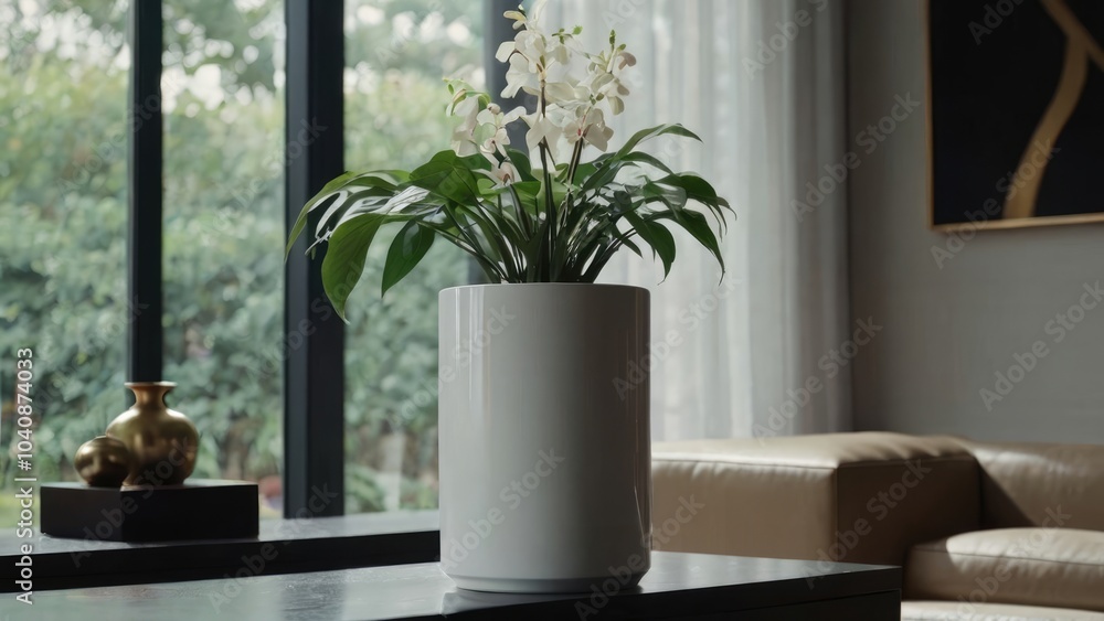 Elegant living room interior with white orchid in a tall vase on the table Elegant living room interior with white orchid in a tall vase on the table