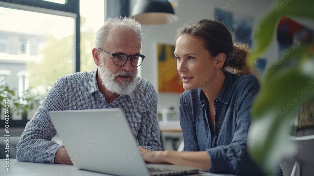 Senior man and woman looking at a laptop computer together in an office setting. Senior man and woman looking at a laptop computer together in an office setting.
