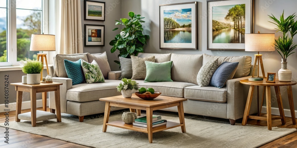 Fototapeta premium Stylish furniture solutions for small living rooms: Achieve a cozy atmosphere in compact spaces while embracing modern decor with innovative, space-saving designs and functional elegance.