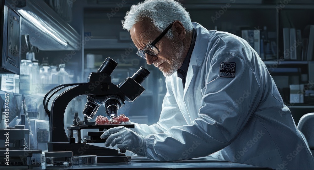 Senior scientist examines a sample under a microscope in a laboratory. Senior scientist examines a sample under a microscope in a laboratory.