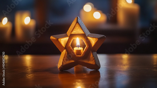 A lit menorah star centerpiece illuminates a festive Hanukkah celebration in a cozy setting photo